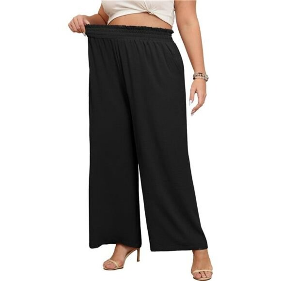 Plus Size Wide Leg Palazzo Pants Elastic Waist Loose Work Trousers Pockets - Picture 4 of 7